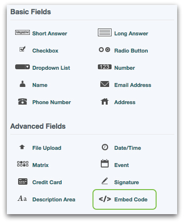 Formstack's Embed Code Form Field