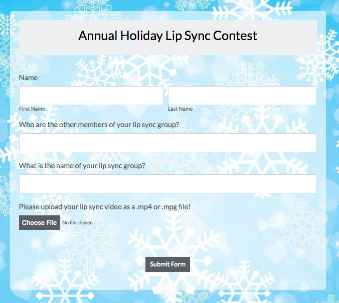 Holiday Contest Form with Video Uploading