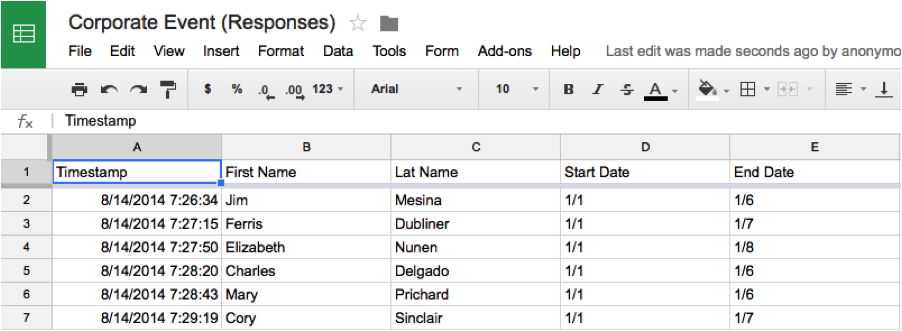 Google Spreadsheet of Responses from Form for WebMerge Invitation
