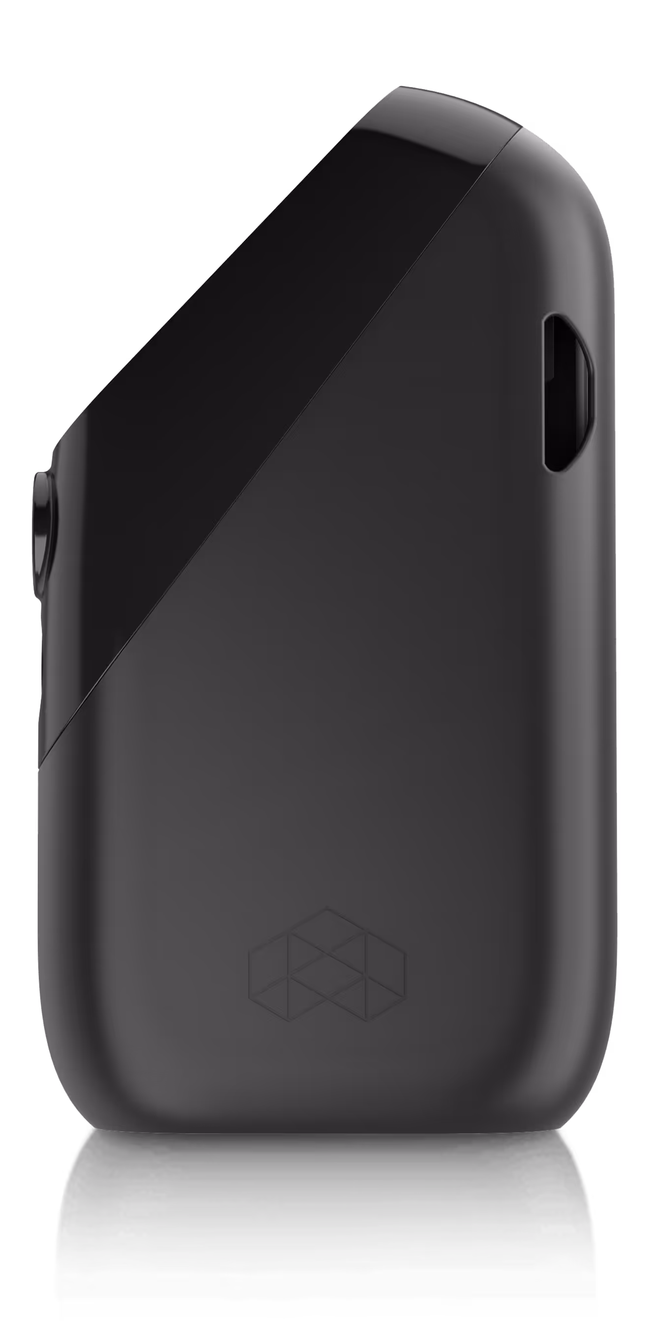 Black handheld device with rounded edges and a recessed rectangular port on the top right side.