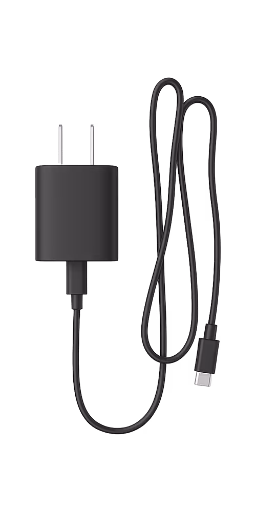 Black USB wall charger with attached USB-C charging cable.