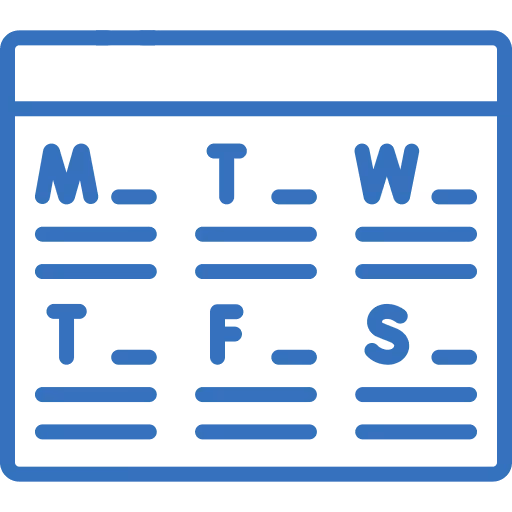 Calendar icon with abbreviations for days of the week: M, T, W, T, F, S arranged in a grid.