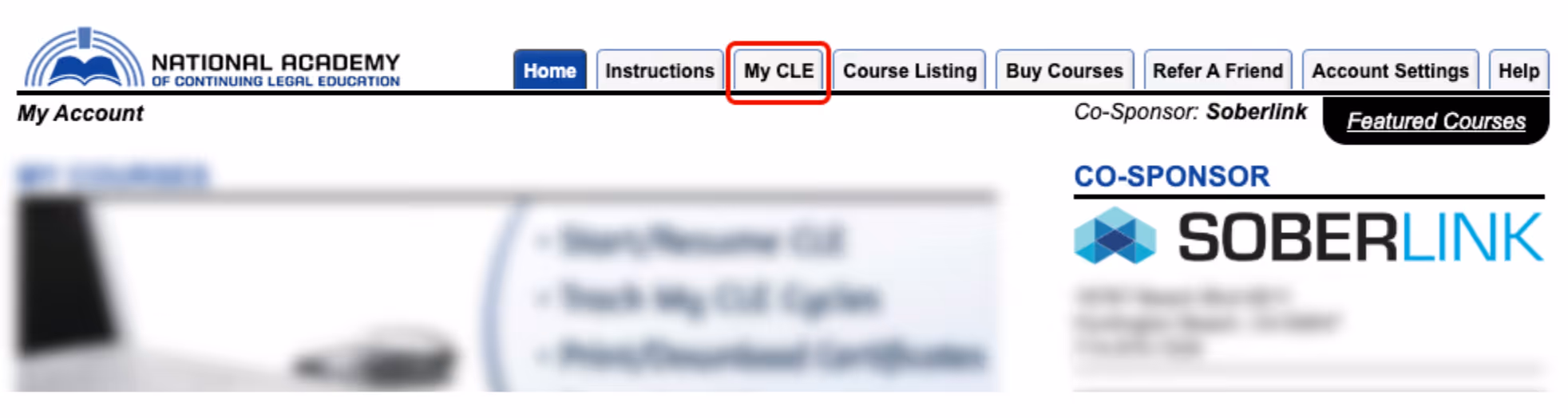 A screenshot showing to click the My CLE button in the top menu bar