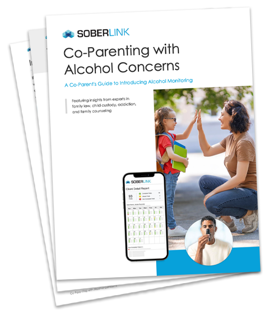 Cover of a guide titled 'Co-Parenting with Alcohol Concerns' by SoberLink, featuring a woman and a child giving a high-five outdoors, a mobile phone screen showing an alcohol monitoring report, and a circular inset of a man using an alcohol breathalyzer.