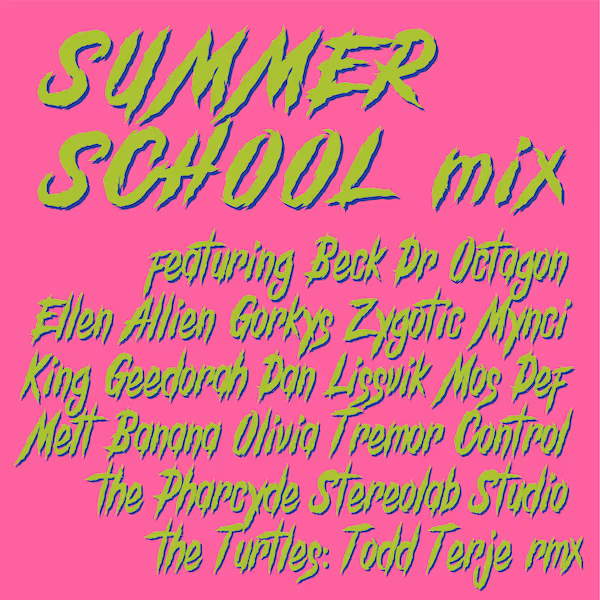 A cover to a mix made by Michael Lahey. There are song titles on top of an electric pink.
