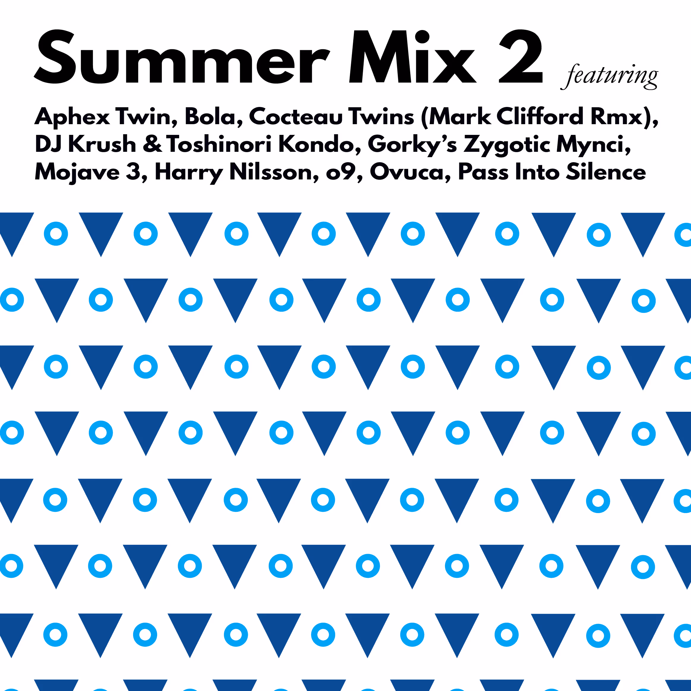 A cover to a mix made by Michael Lahey. There are song titles on top of dark and light blue circles and triangles pointing down.