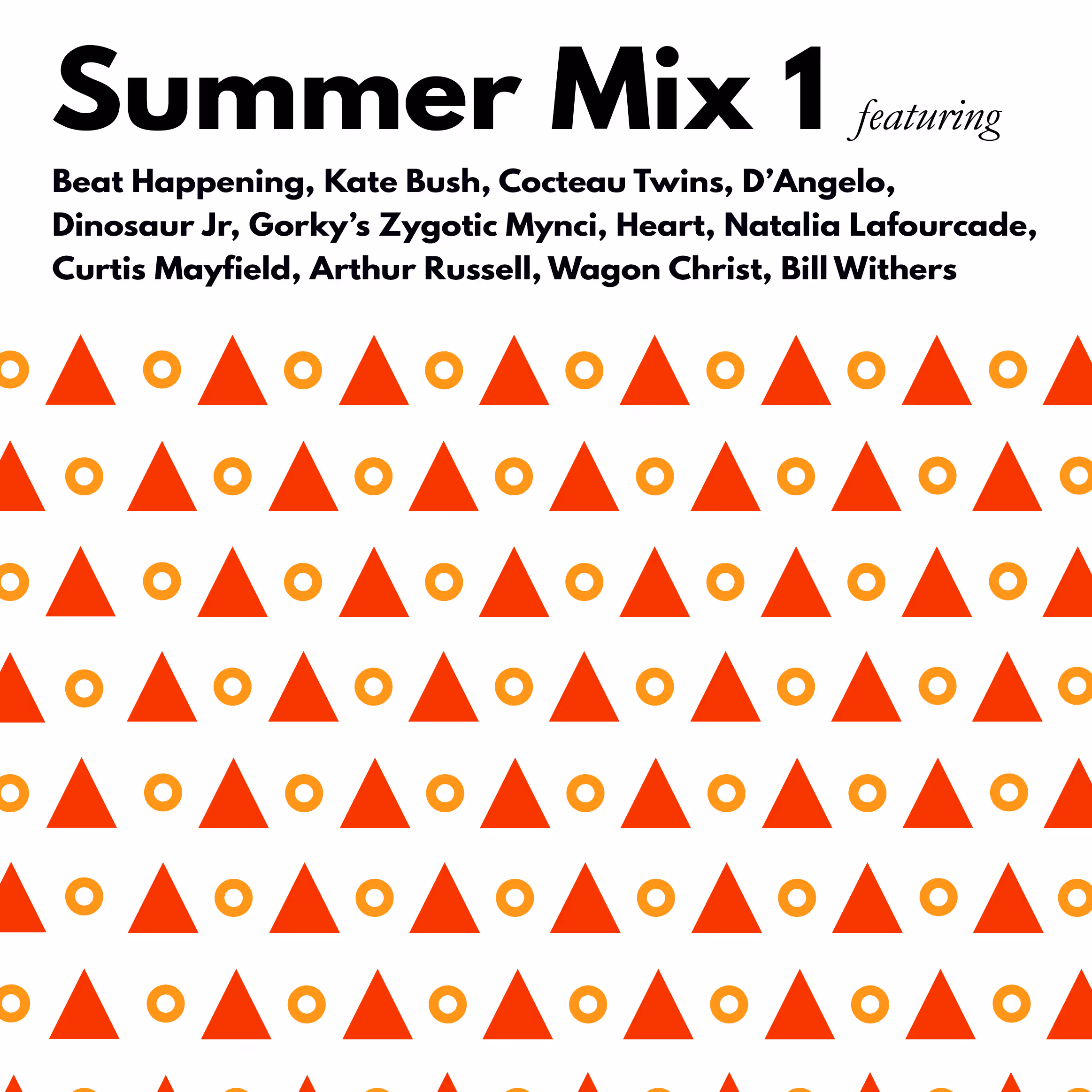 A cover to a mix made by Michael Lahey. There are song titles on top of red and orange circles and triangles pointing up.