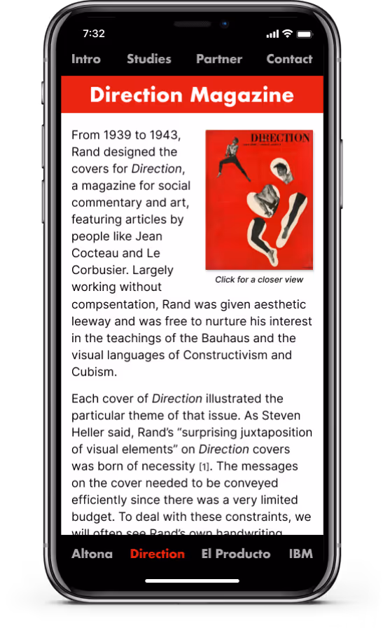 An image of the Rand prototype inside an iPhone X frame. This image is of the Direction Magazine case study.