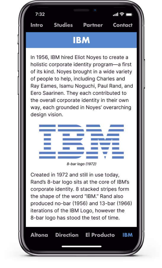 An image of the Rand prototype inside an iPhone X frame. This image is of the IBM logo case study.