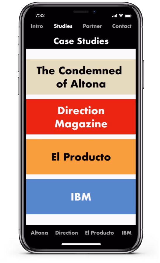 An image of the Rand prototype inside an iPhone X frame. This image is of the Case Studies page.