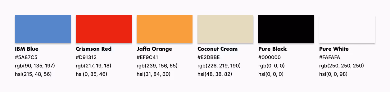 Color cards for the Rand app prototype. Each card shows a color, its HEX code, its RGB values, and its HSL values.