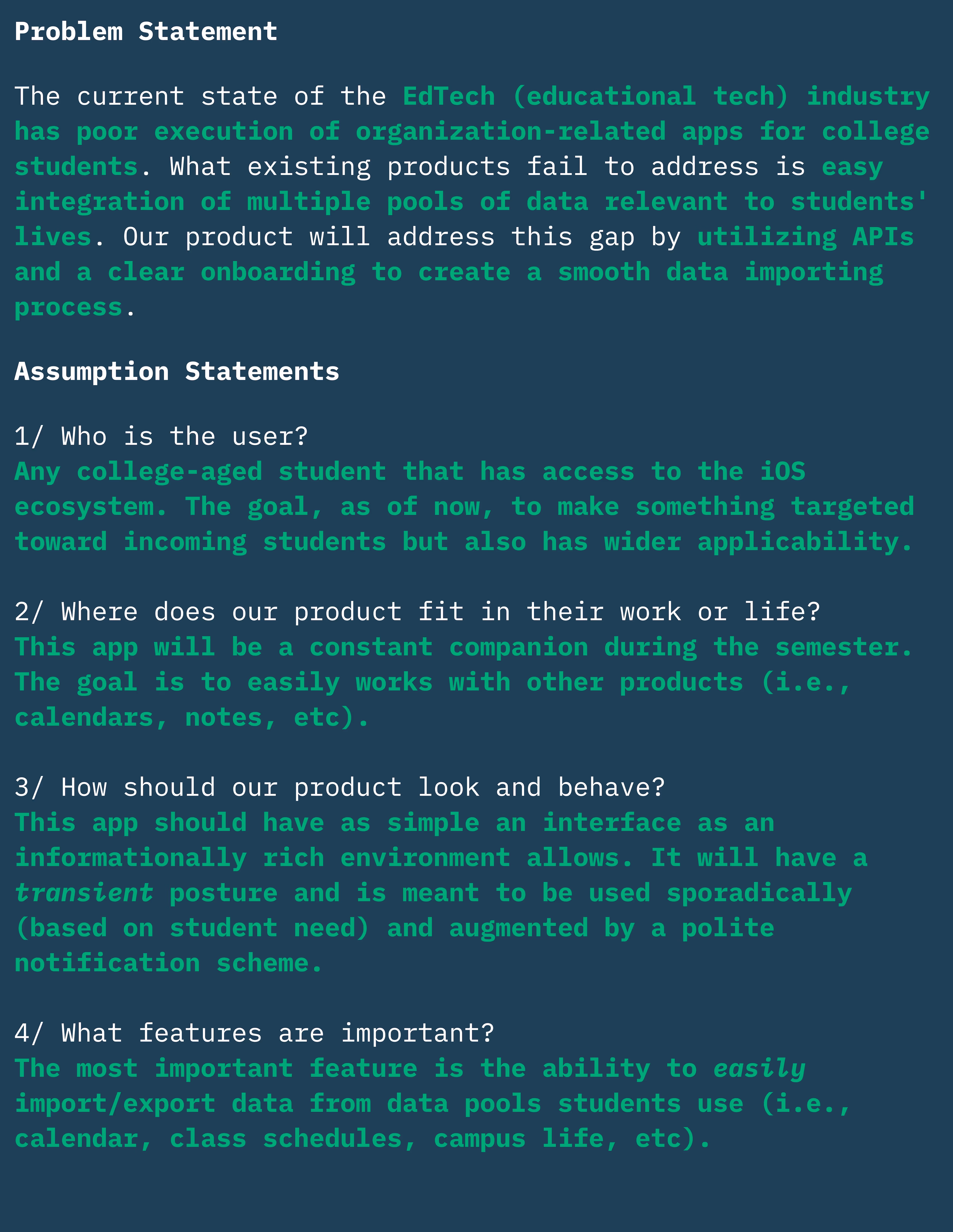 An image from Miro, a whiteboarding tool, of a problem statement and assumptions.