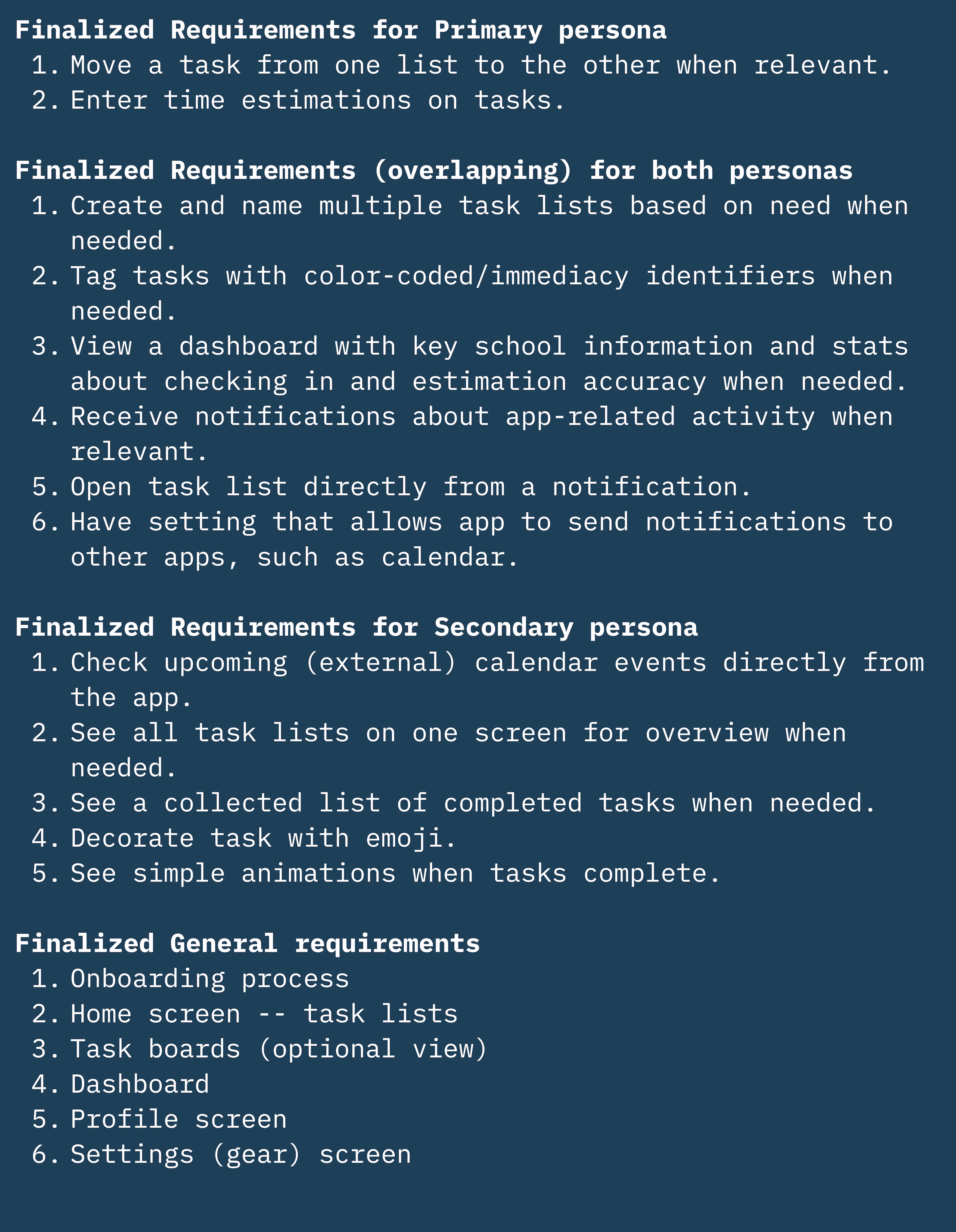 An image from Miro, a whiteboarding tool, of a requirements list.