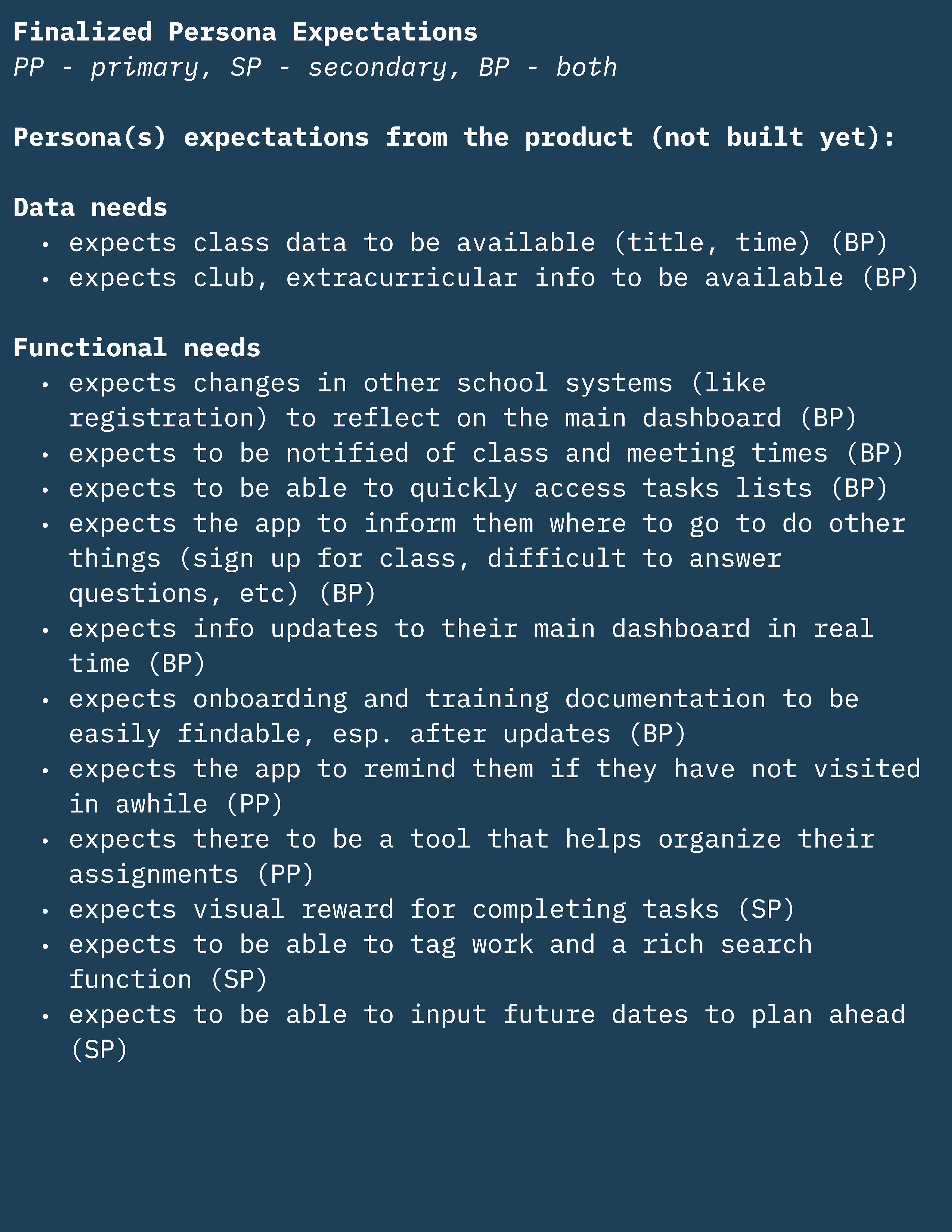 An image from Miro, a whiteboarding tool, of persona expectations.