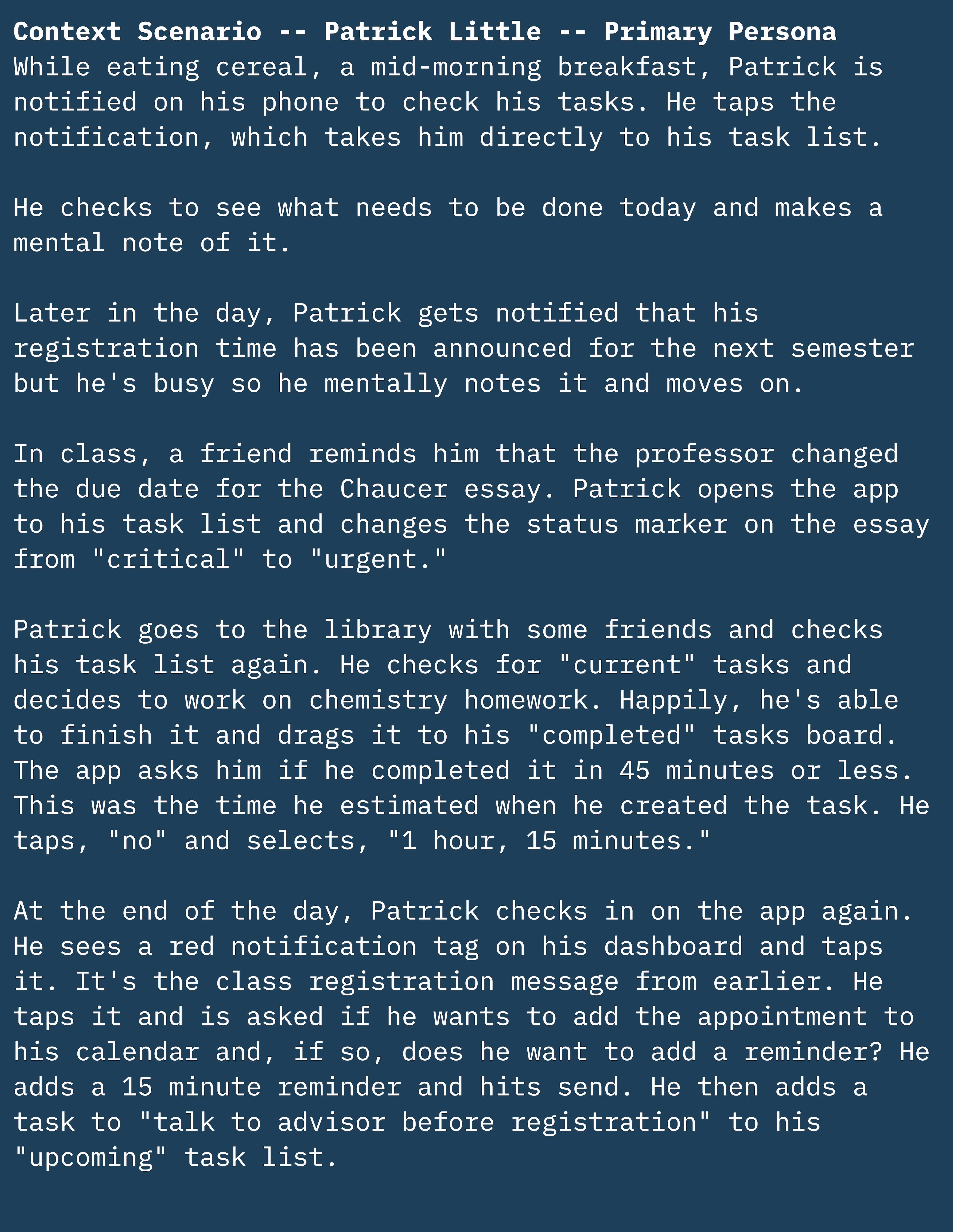 An image from Miro, a whiteboarding tool, of a written context scenario for Patrick Little.