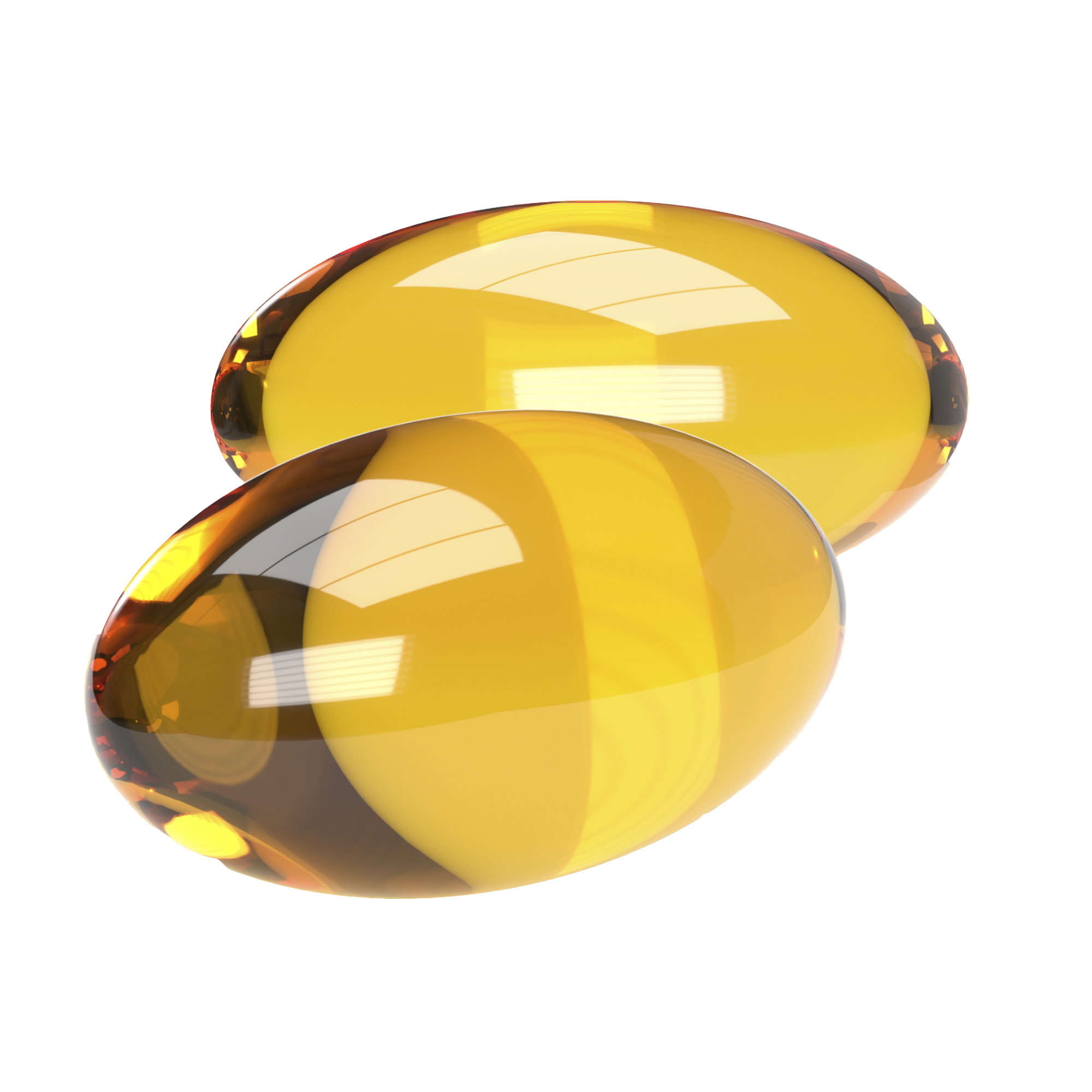 Two translucent yellow gel capsules with light reflections on their surface.
