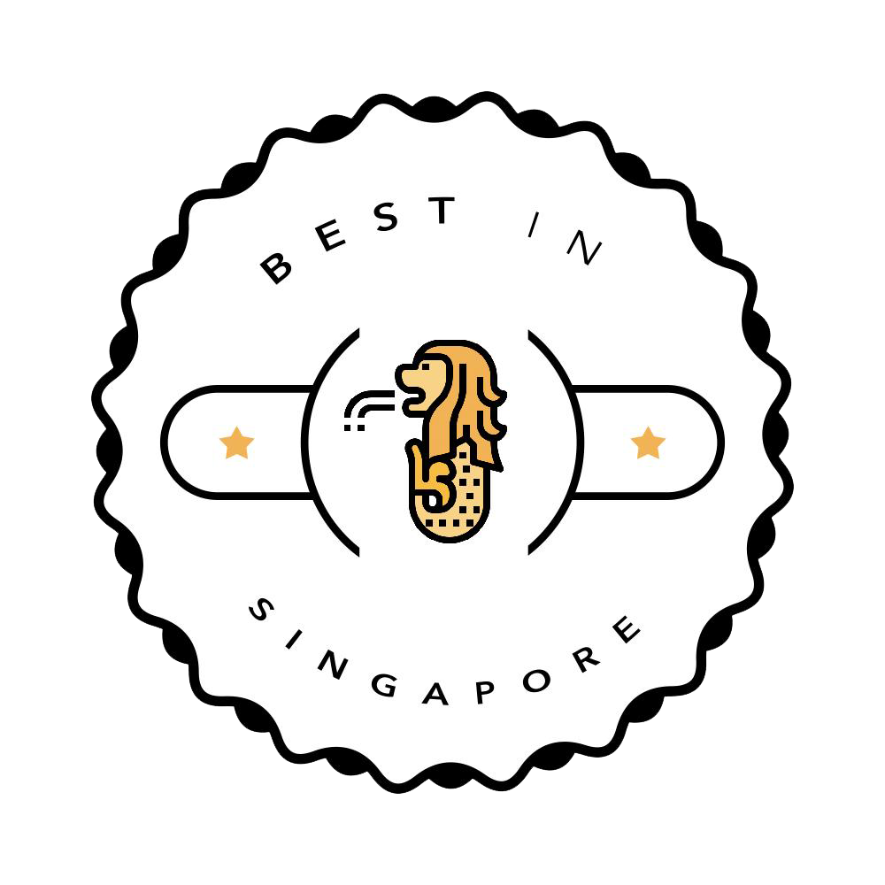 White scalloped badge with 'Best in Singapore' text encircling a stylized orange Merlion icon with stars on either side.