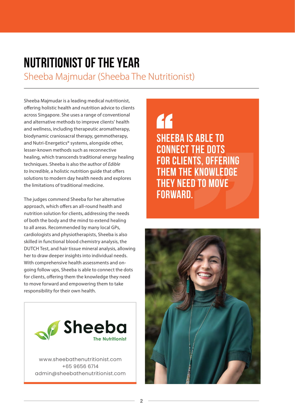 Profile of Sheeba Majmudar, smiling woman in green top and earrings, recognized as Nutritionist of the Year, alongside text about her holistic nutrition approach and contact information.