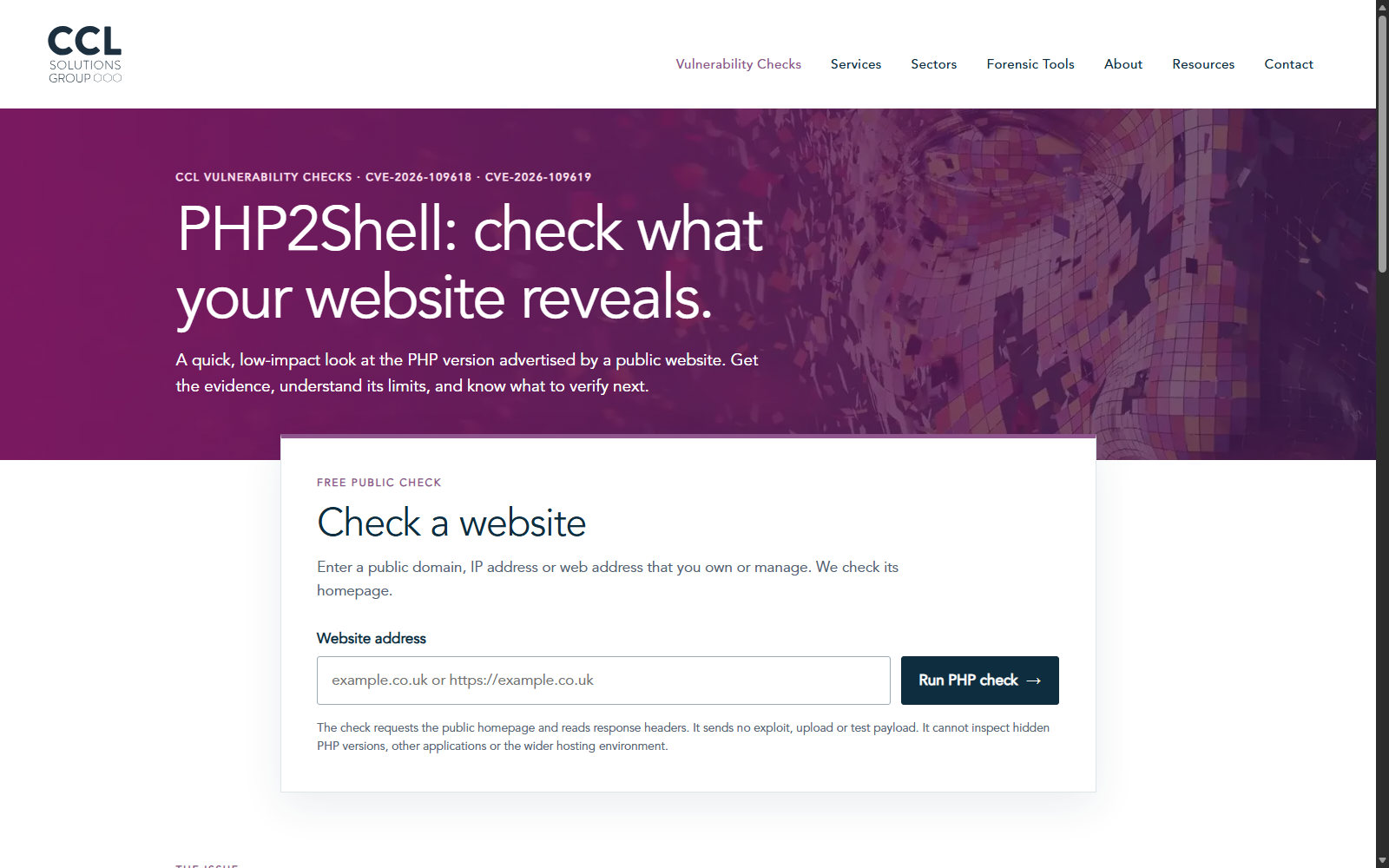 PHP2Shell checker showing the Website address field and Run PHP check button.