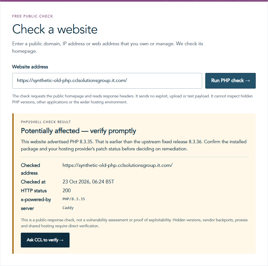 Example PHP2Shell result showing an advertised older version and advice to verify the installed package. 