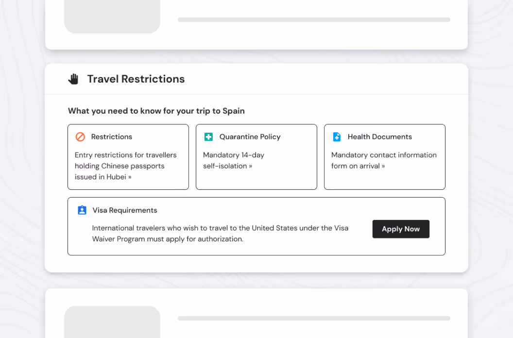 Travel Restrictions panel showing key trip information.