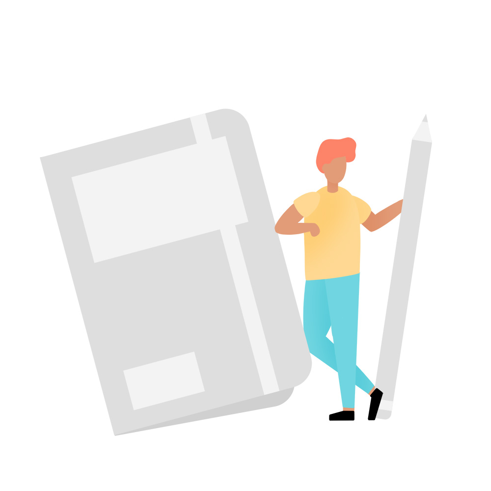 man with large pencil