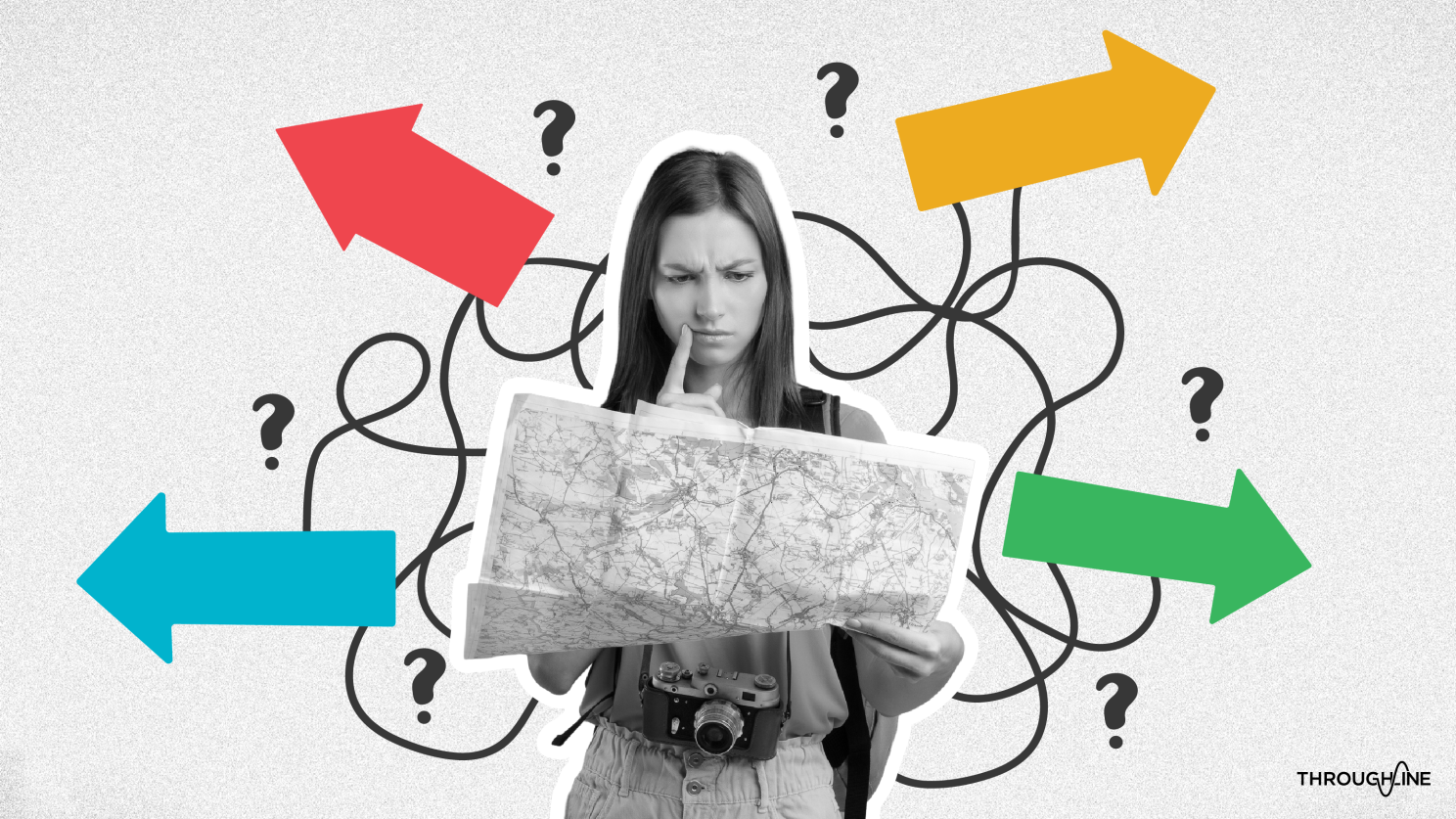 Image of a young woman looking at a map with a puzzled expression. She is surrounded by arrows.