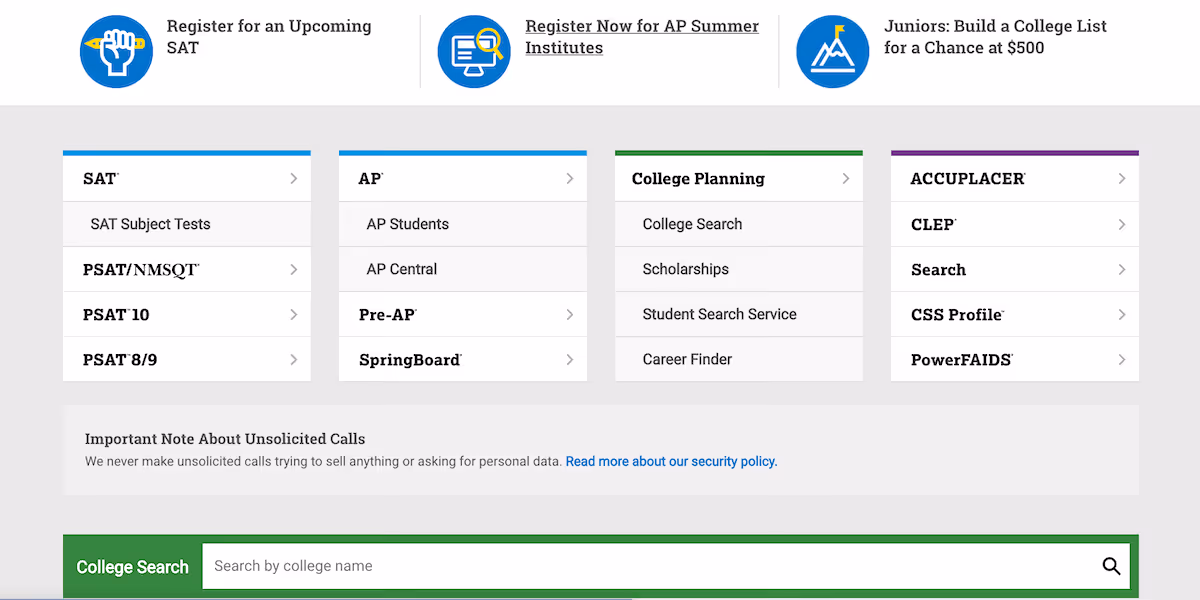 Screenshot of a section of the CollegeBoard/SAT website