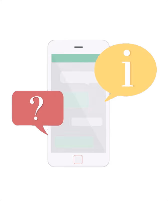 Graphic of a smartphone with a question mark in a red speech bubble and an "i" for information in a yellow speech bubble.