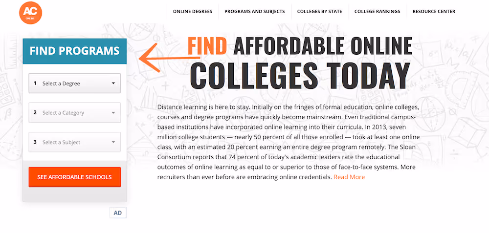 Screenshot of the Affordable Colleges Online website