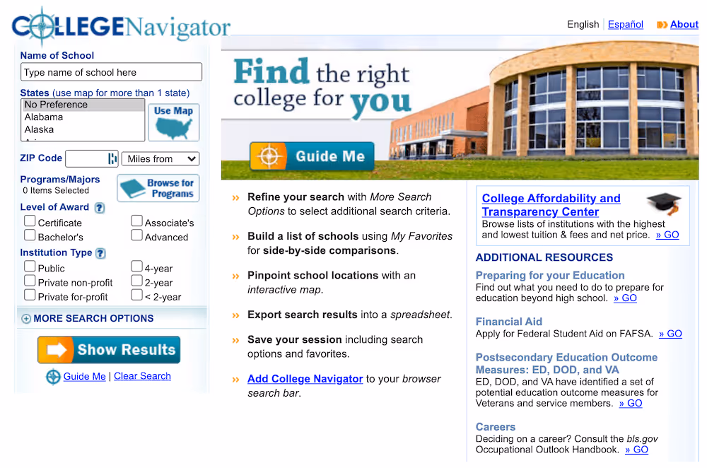 Screenshot of the College Navigator homepage