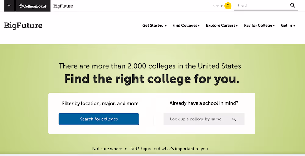Screenshot of the BigFuture site by CollegeBoard