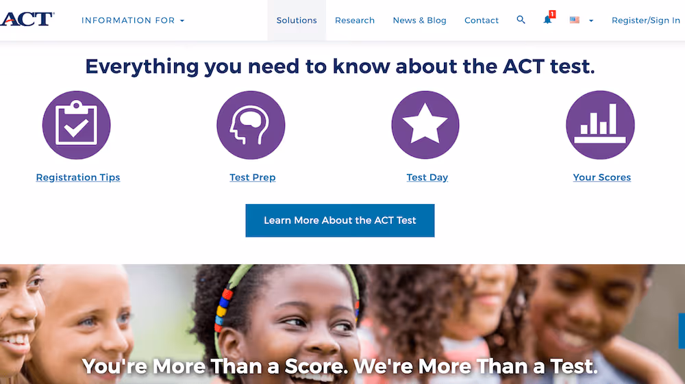 Screenshot of the ACT home page.