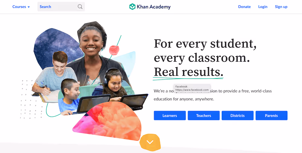 Screenshot of the Khan Academy website home page
