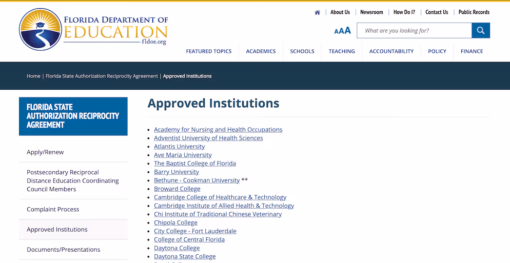 Screenshot of the FLDE Approved Institutions web page.