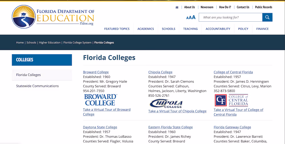 Screenshot of the Florida Department of Education's Florida Colleges page