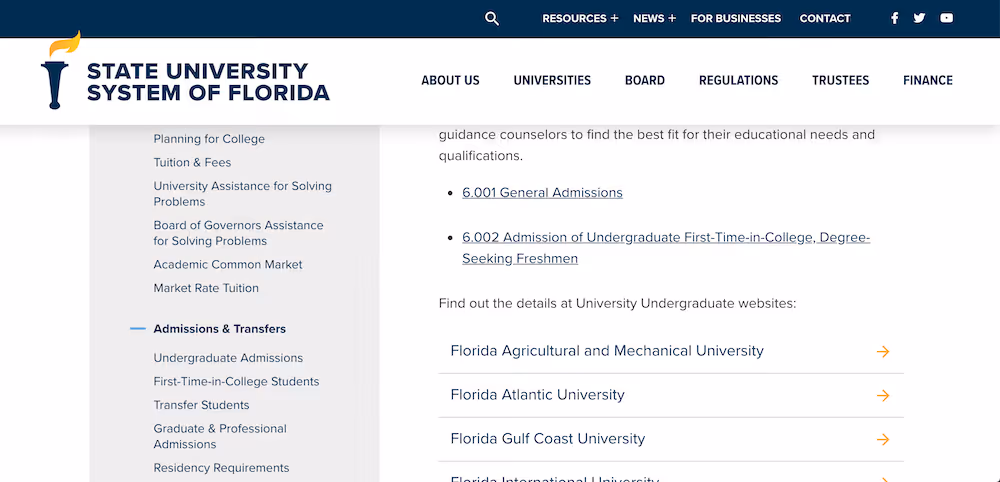 Screenshot of the Undergraduate Admissions page on the State University System of Florida website.