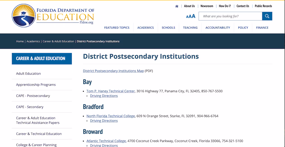 Screenshot of the District Postsecondary Institutions page of the Florida Department of Education website