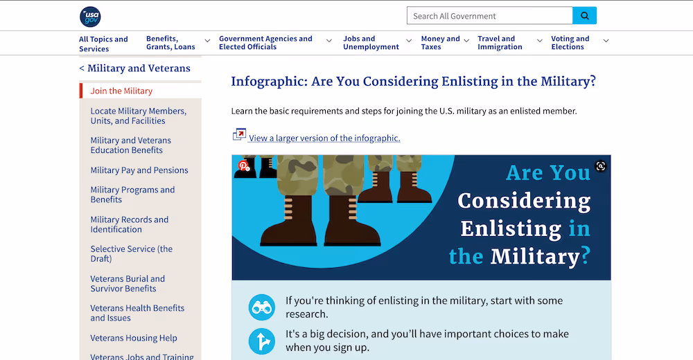 Screenshot of the Join the Military page on usa.gov