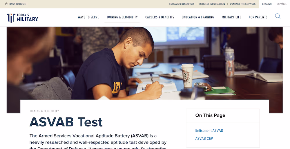 Screenshot of the Today's Military ASVAB Test information page