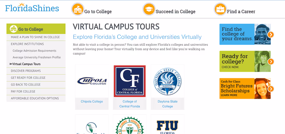 Screenshot of the Florida Shines Virtual Campus Tours page
