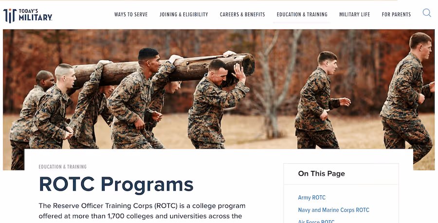 Screenshot of Today's Military Web page about ROTC Programs