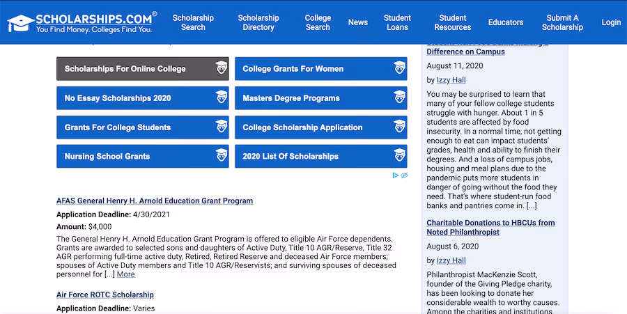 Screenshot of Scholarships.com's military scholarships page