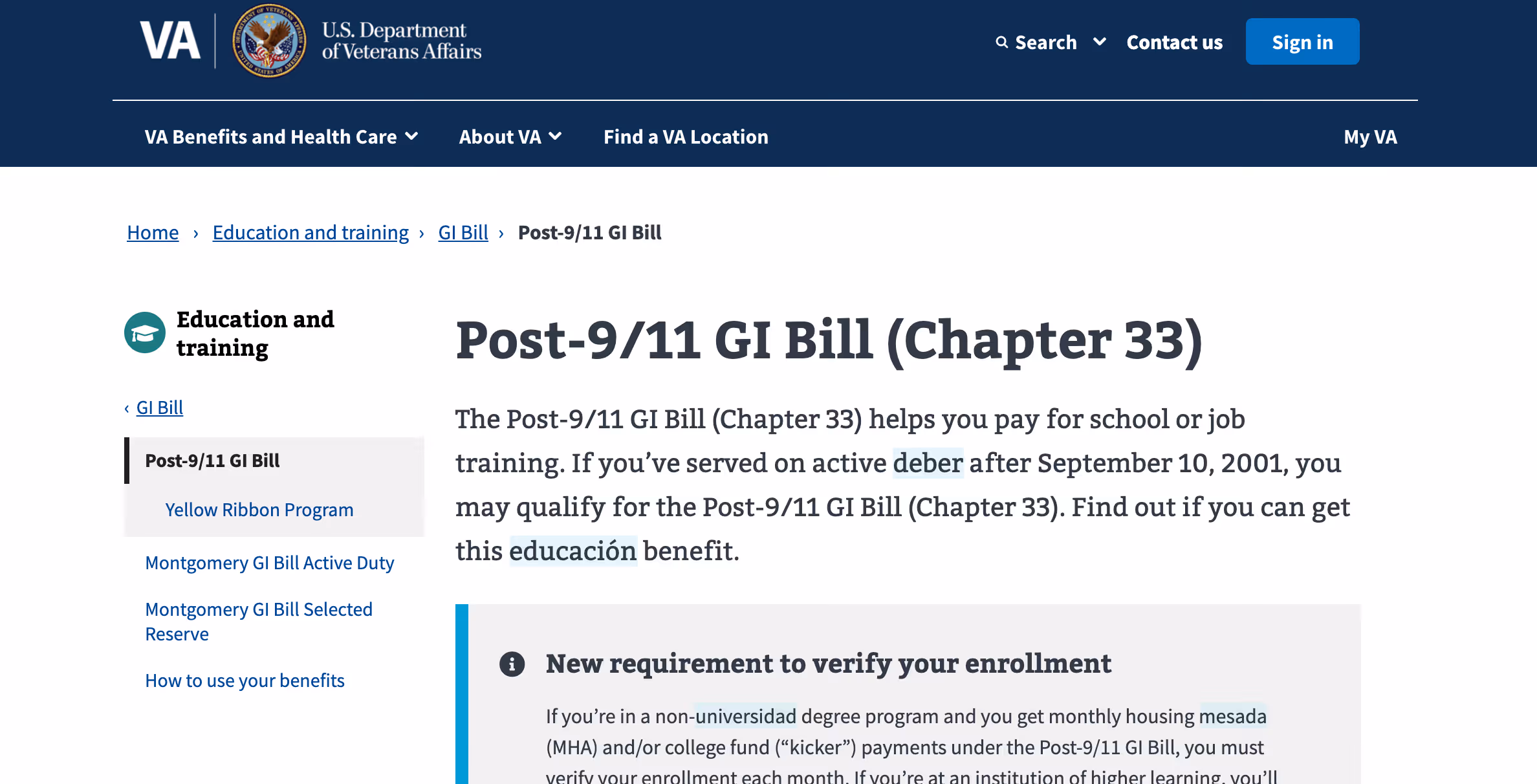 Screenshot of the US Government GI Bill information page