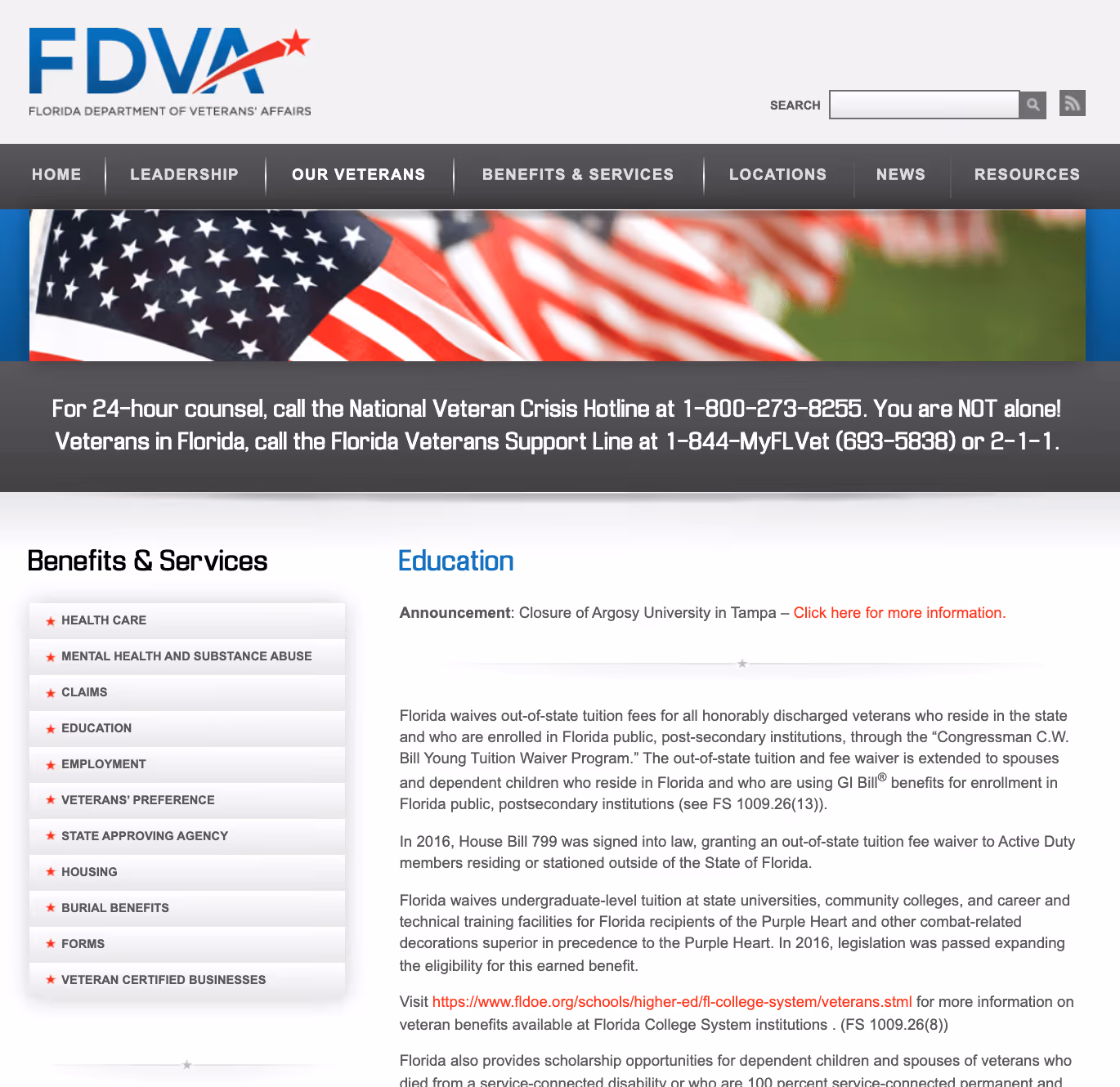 Floridavets.org education page screenshot
