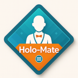 Logo of Holo-mate: an waiter image in white in front of a blue background and orange diamond like in the front.