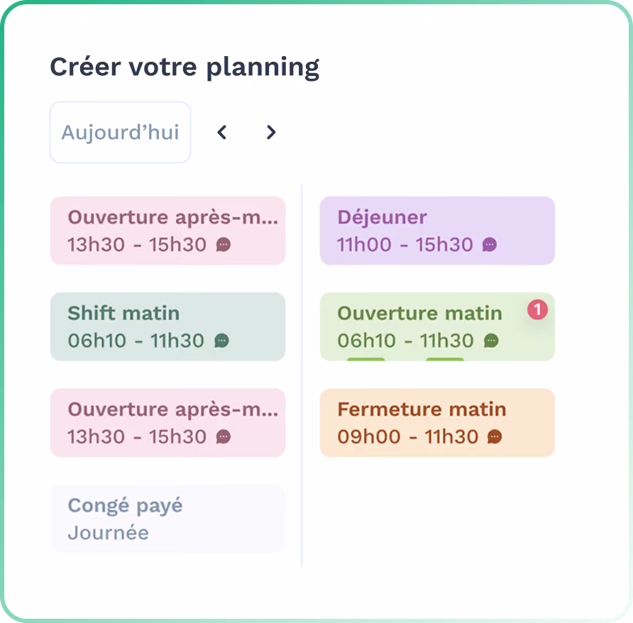 Interface de planning avec horaires pour ouvertures matin et après-midi, déjeuner, shift matin, congé payé.