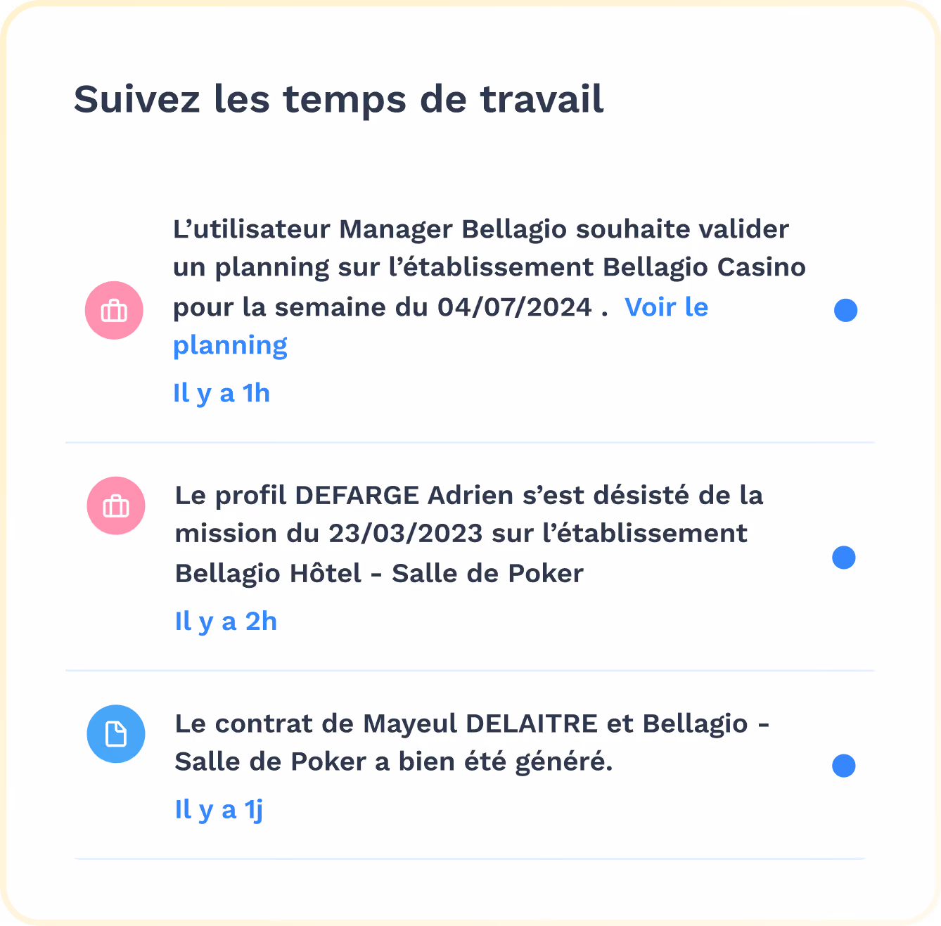 Interface de planning avec horaires pour ouverture, fermeture, déjeuner, shift matin et congé payé.