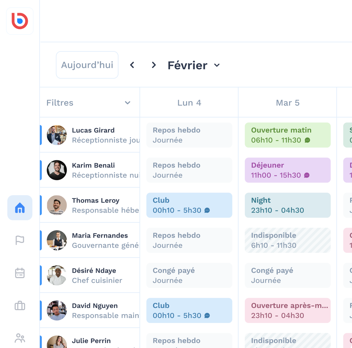 Planning de travail avec noms, postes, congés et horaires de shifts colorés pour début février.