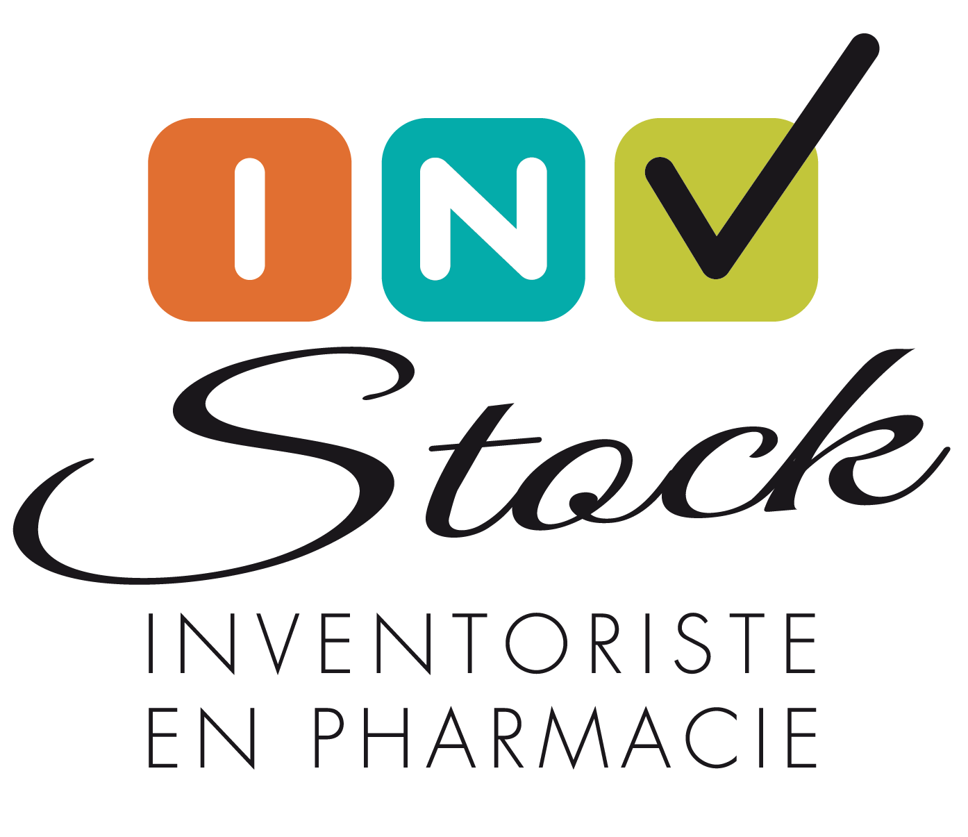 Logo INV Stock avec des blocs de couleurs et le texte Inventoriste en Pharmacie en français